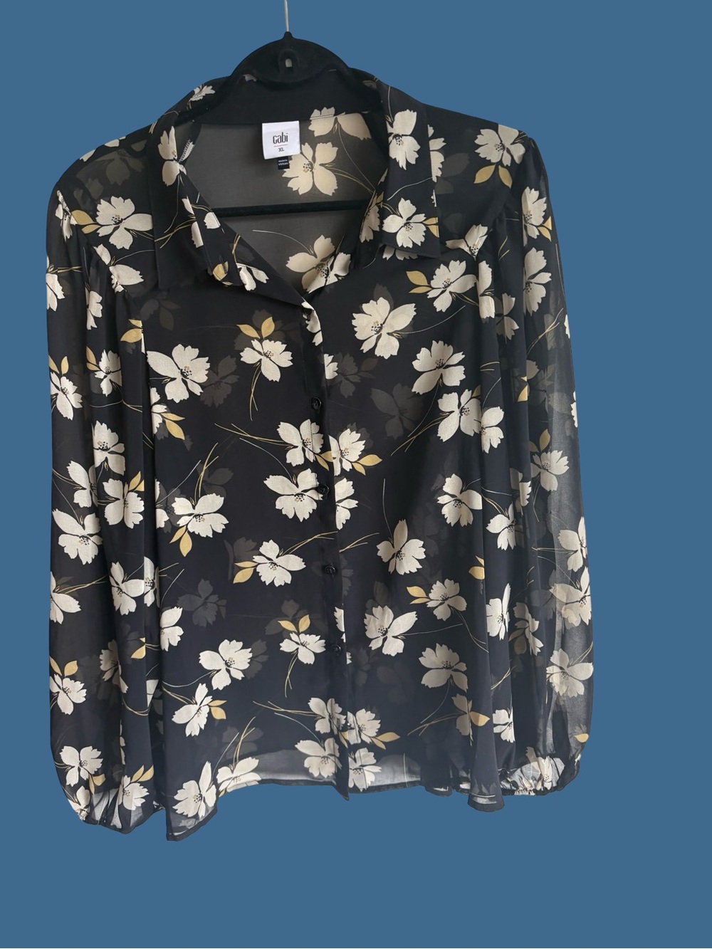 CAbi Black Floral Sheer Button-Front Blouse
